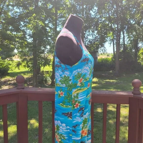 ALOHA Women's Blue Hawaiian Print Sleeveless Summer Mini Dress Size Medium - Picture 9 of 12